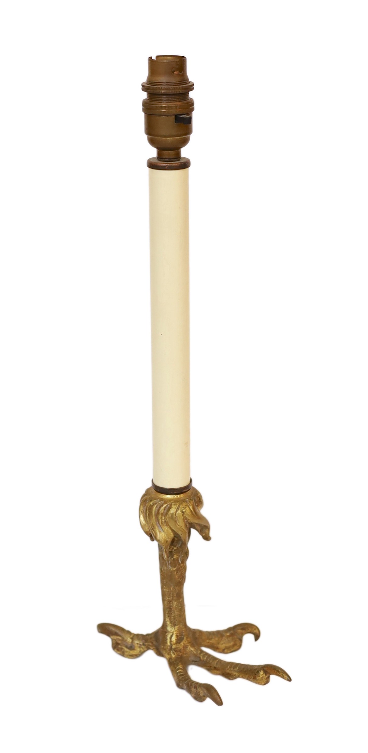 A French ormolu table lamp with eagles foot base and simulated candle stem, height 41cm